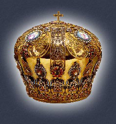 Mitre of the Ohrid Archbishops, made of gold, silver, precious stones and different colors of enamel; produced at the end of 17th century in Venice. In the mitre's decoration there are 350 precious stones, of which 260 are Burma rubies, 56 emeralds, 75 green glucinums, 8 sapphires and 4 garnets.